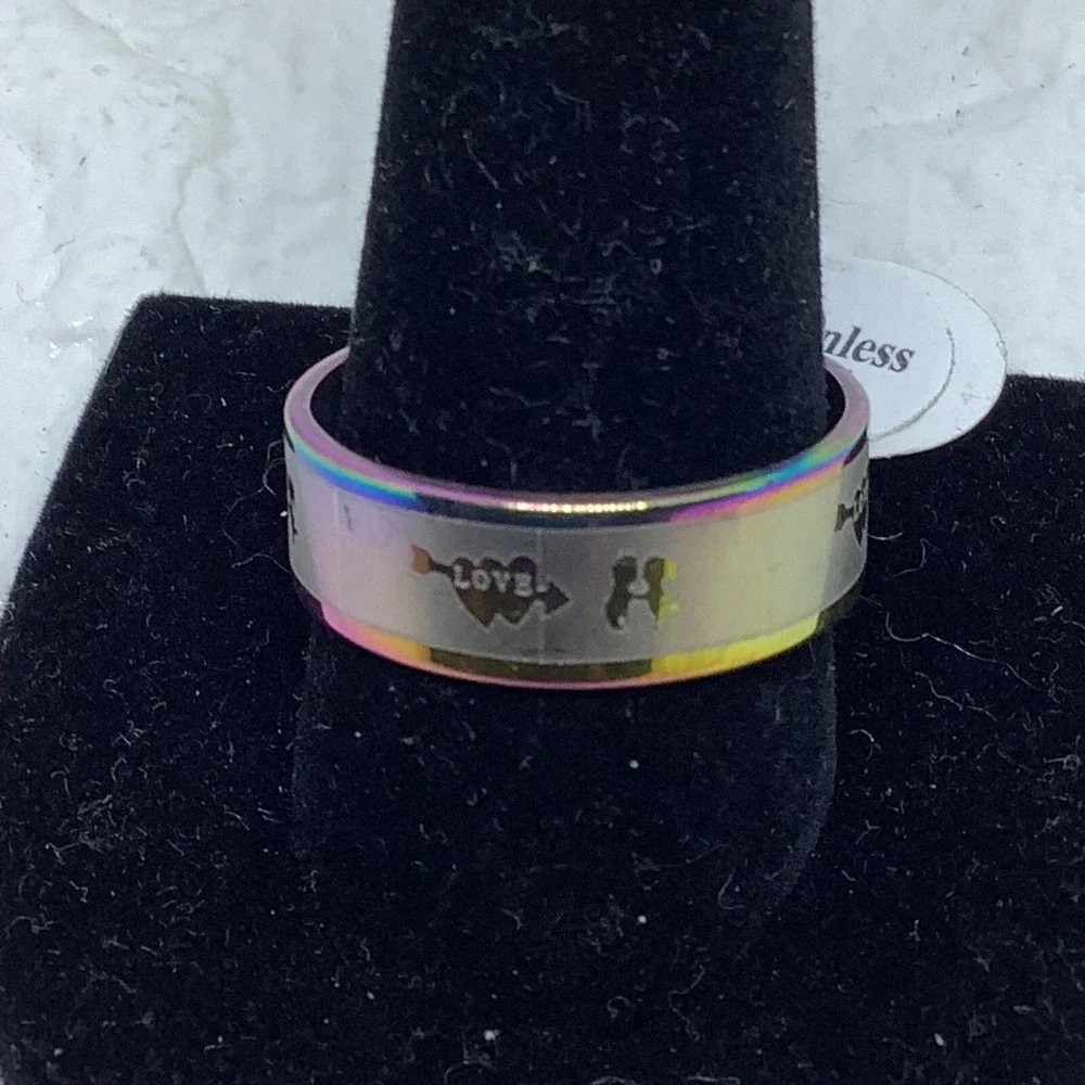 Rainbow Love Ring Unisex Size 12 Silver‎ Tone Stainless Steel Metallic Band Ring